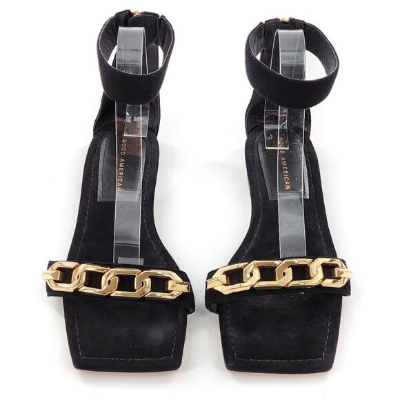 GOOD AMERICAN Ankle Strap Suede Sandals Black Zip Gold Chain Link - Picture 4 of 9